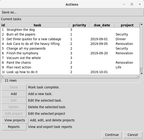Task list display produced by the PROMPT ACTION metacommand